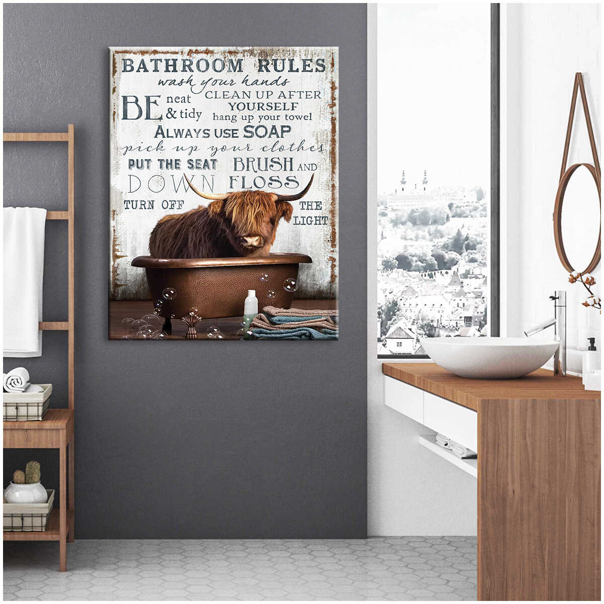 Highland Cattle Cow In The Bathtub On Vintage Rustic Wood Bathroom Rules Farm Farmhouse Canvas Prints Wall Art Decor
