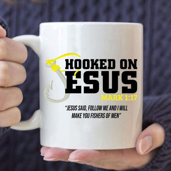 Hooked On Jesus Mark 1:17 Bible Verse Coffee Mug