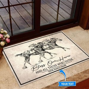 Horse Racing Bless Our Home Personalized Custom Name Doormat Welcome Mat