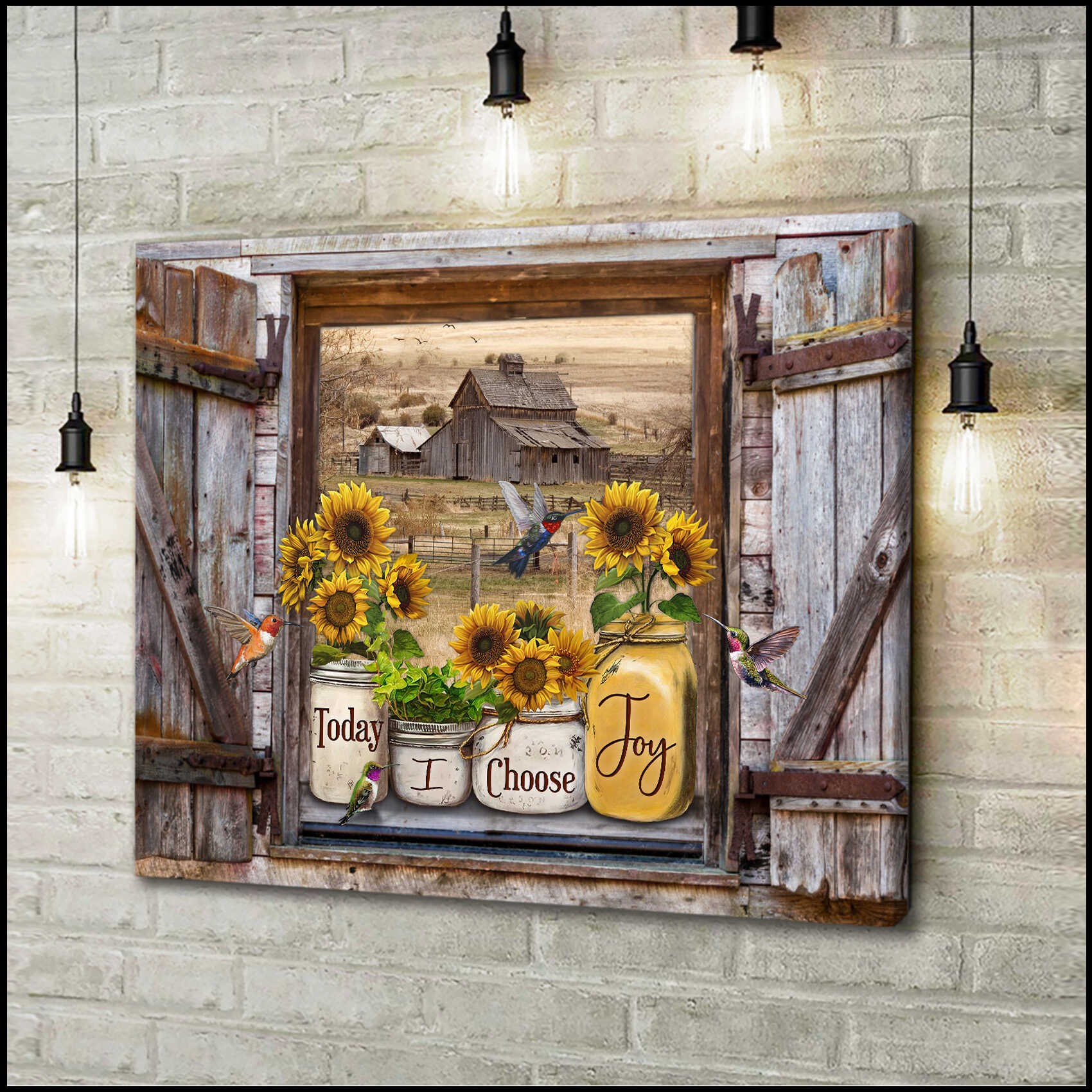 Hummingbirds Sunflower Mason Jars On Rustic Window Sill Barn View Today I Choose Joy Canvas Prints Wall Art Decor