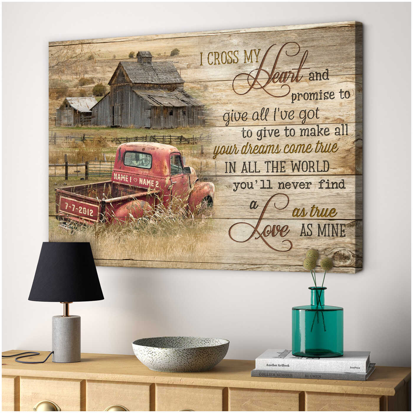 I Cross My Heart Loving Old Truck And Country Barn Custom Name And Date Personalized Canvas Prints Wall Art Decor
