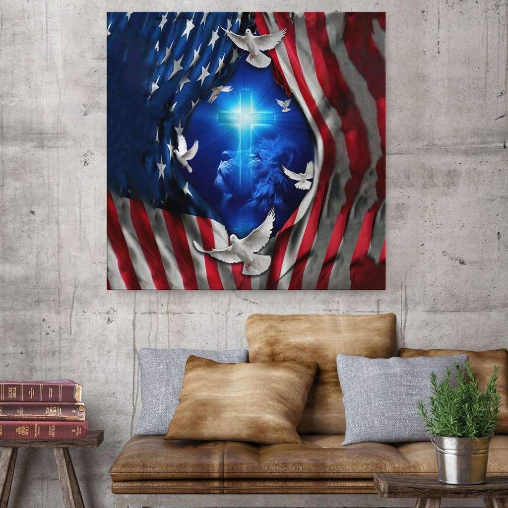 Jesus Lion American Flag Of Faith Wall Art Canvas