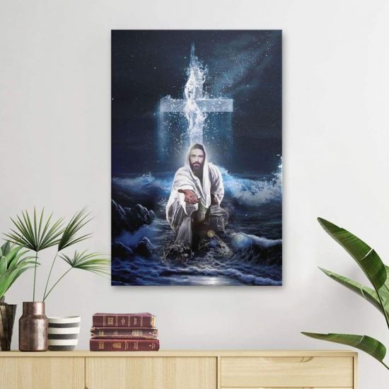 Jesus Outstretched Hands Saves Canvas Wall Art - Vertical Christian Wall Art