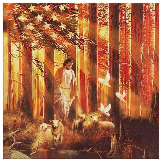 Jesus Walking In Forest With The Lambs Canvas Wall Art 2