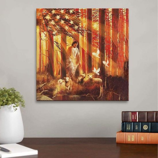 Jesus Walking In Forest With The Lambs Canvas Wall Art