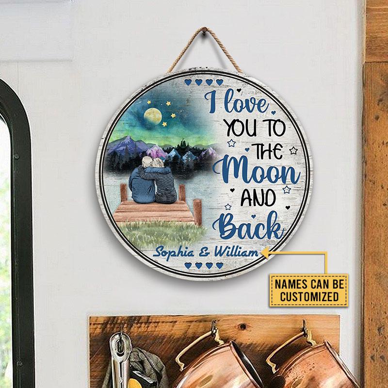 Old Couple At The Lake Love You To The Moon Custom Wood Circle Sign