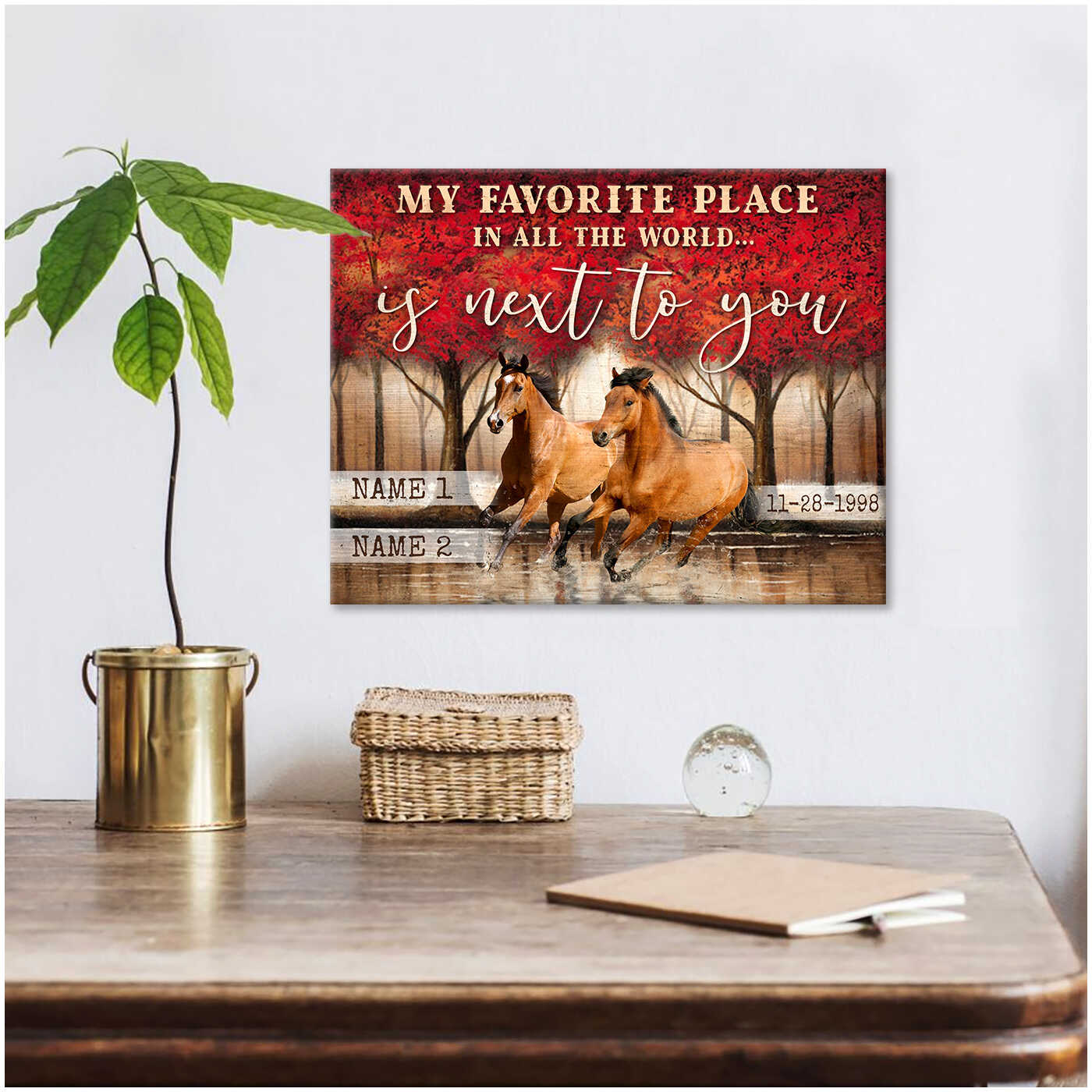 Parade Of Red Trees With Couple Of Horses My Favorite Place In All The World Is Next To You Farm Farmhouse Custom Name And Date Canvas Prints Wall Art Decor