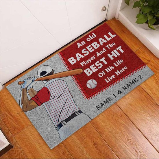 Personalized An Old Baseball Player And The Best Hit Custom Name Doormat Welcome Mat