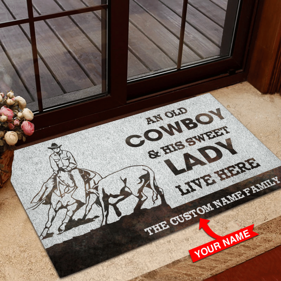 Personalized An Old Cowboy And His Lady Cutting Horse Custom Name Doormat Welcome Mat