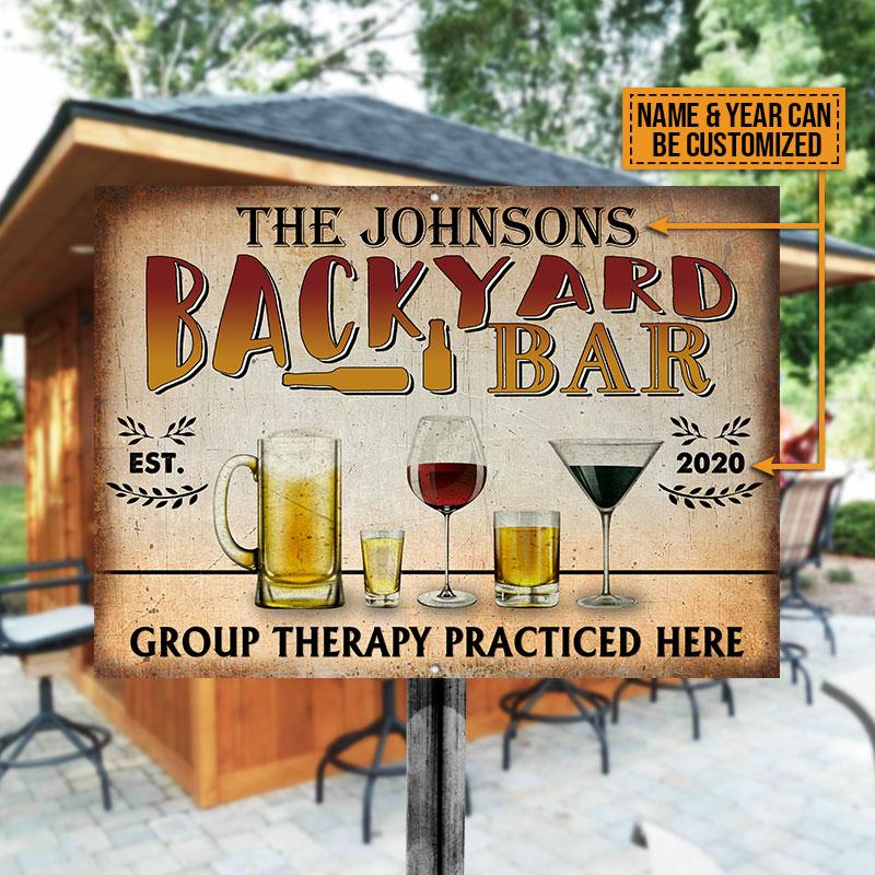 Personalized Backyard Bar Group Therapy Custom Classic Metal Signs