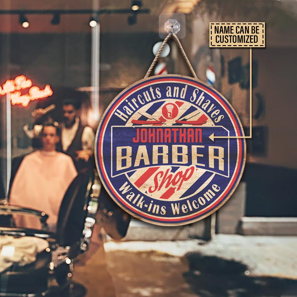 Personalized Barber Shop Haircut And Shaves Customized Wood Circle Sign