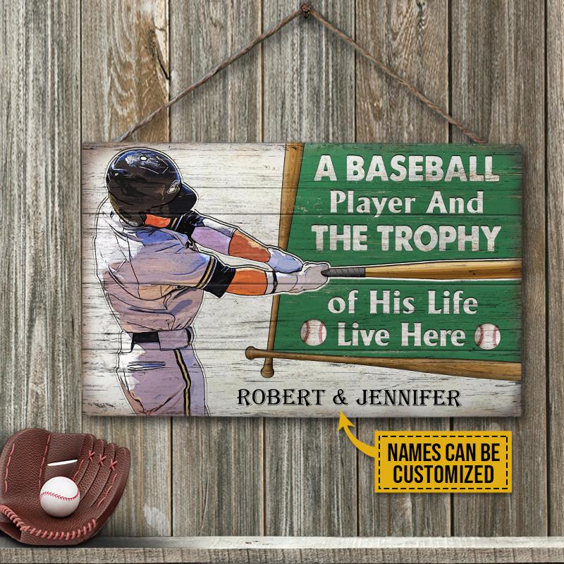 Personalized Baseball And The Trophy Customized Wood Rectangle Sign