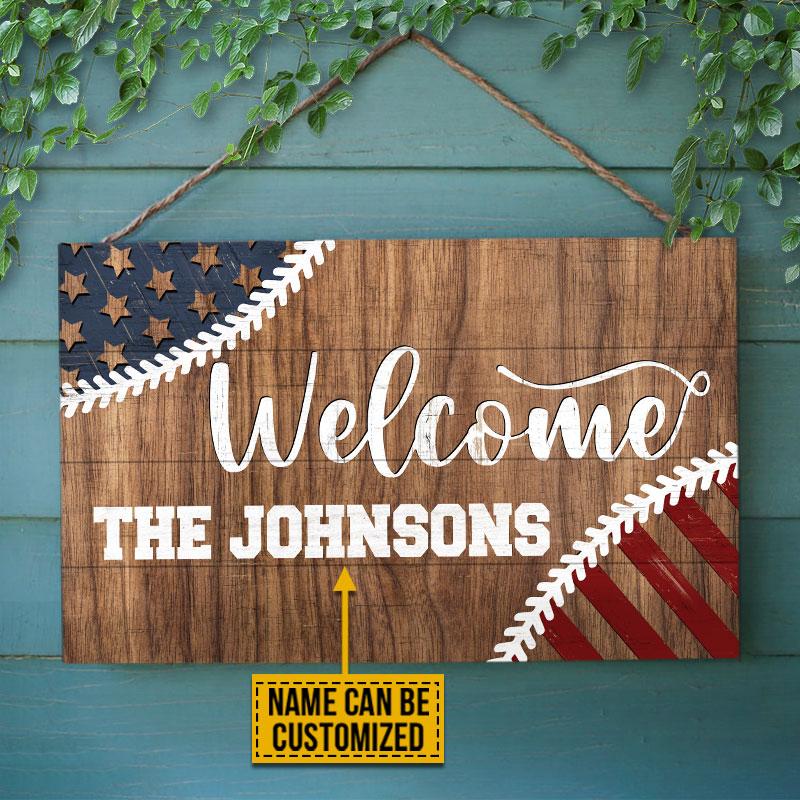 Personalized Baseball Stars & Stripes Welcome Custom Wood Rectangle Sign