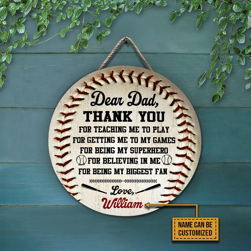 Personalized Baseball Thank You Dad Customized Wood Circle Sign