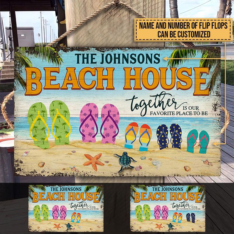Personalized Beach House Family Flip Flops Together Custom Wood Rectangle Sign