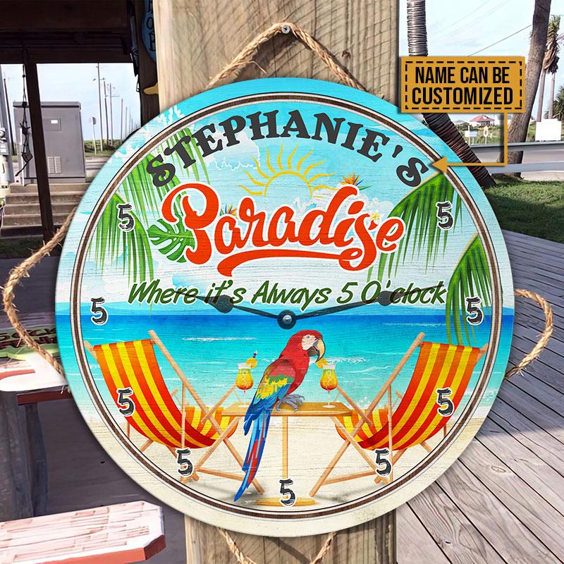 Personalized Beach Parrot Always 5 O'clock Customized Wood Circle Sign