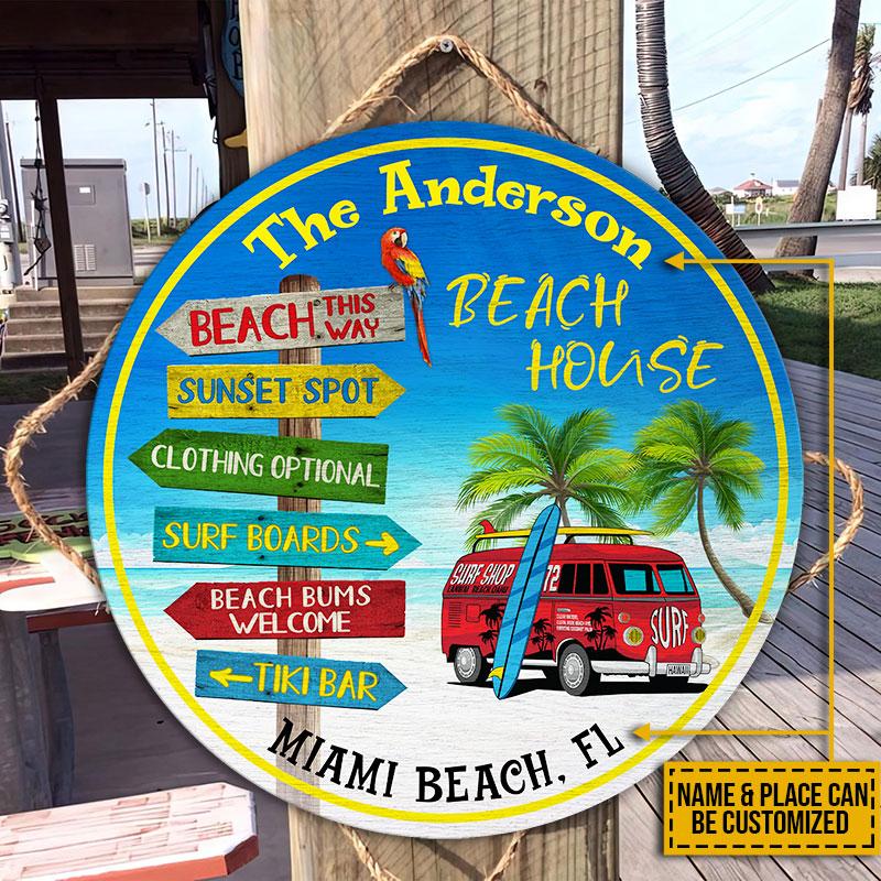 Personalized Beach Surfing This Way Customized Wood Circle Sign