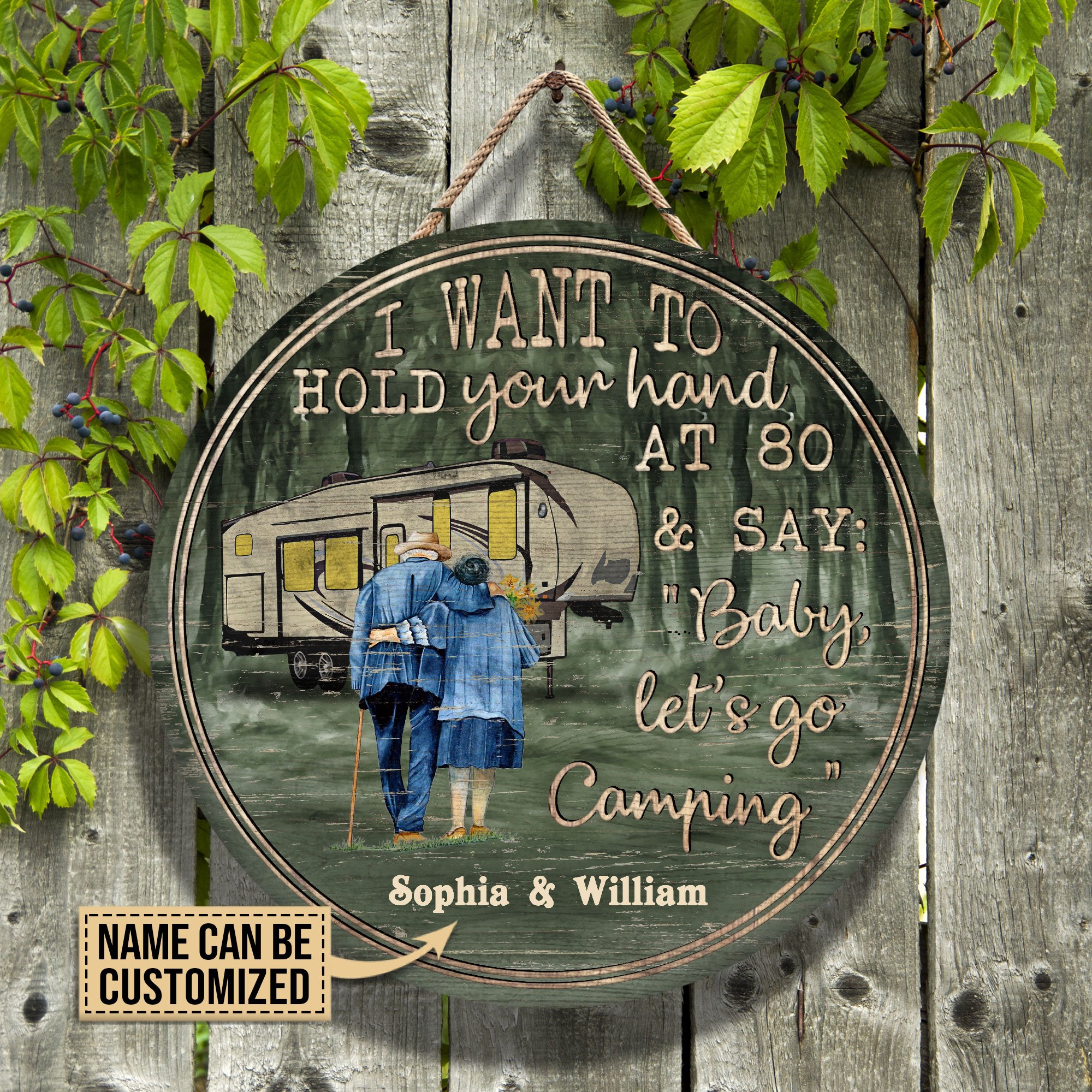 Personalized Camping 5th Wheel Baby Let's Go Customized Wood Circle Sign