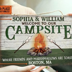 Personalized Camping Friends And Marshmallows Customized Wood Rectangle Sign 2