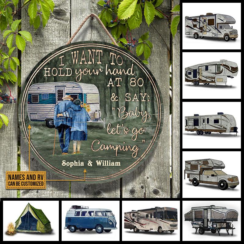 Personalized Camping Green RV Baby Let's Go Customized Wood Circle Sign