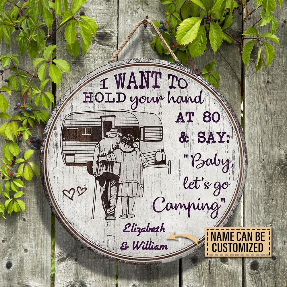 Personalized Camping Sketch Hold Your Hand Customized Wood Circle Sign
