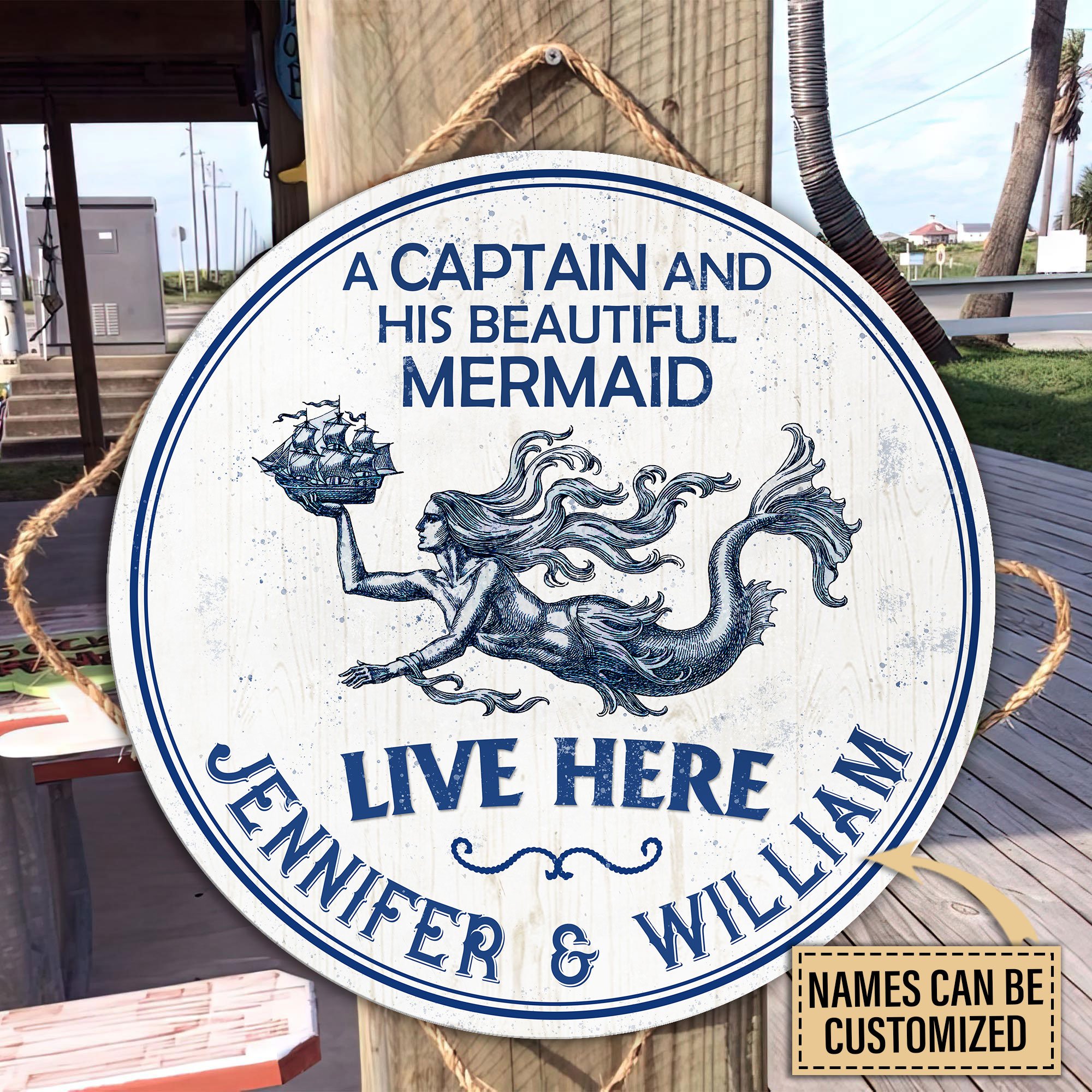 Personalized Captain Sea Mermaid Customized Wood Circle Sign