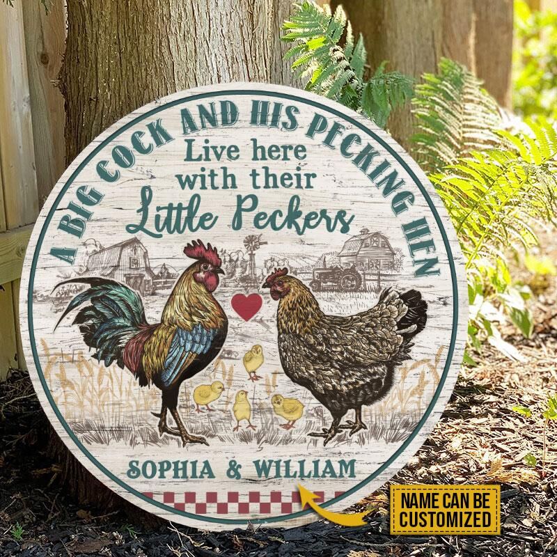 Personalized-Chicken-Couple-Live-Here-Peckers-Customized-Wood-Circle-Sign-2 Personalized Chicken Couple Live Here Peckers Customized Wood Circle Sign 2