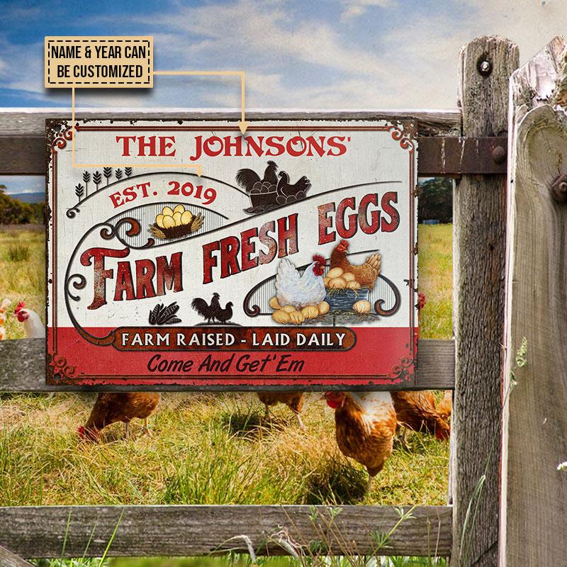 Personalized Chicken Farm Fresh Eggs Red White Custom Classic Metal ...