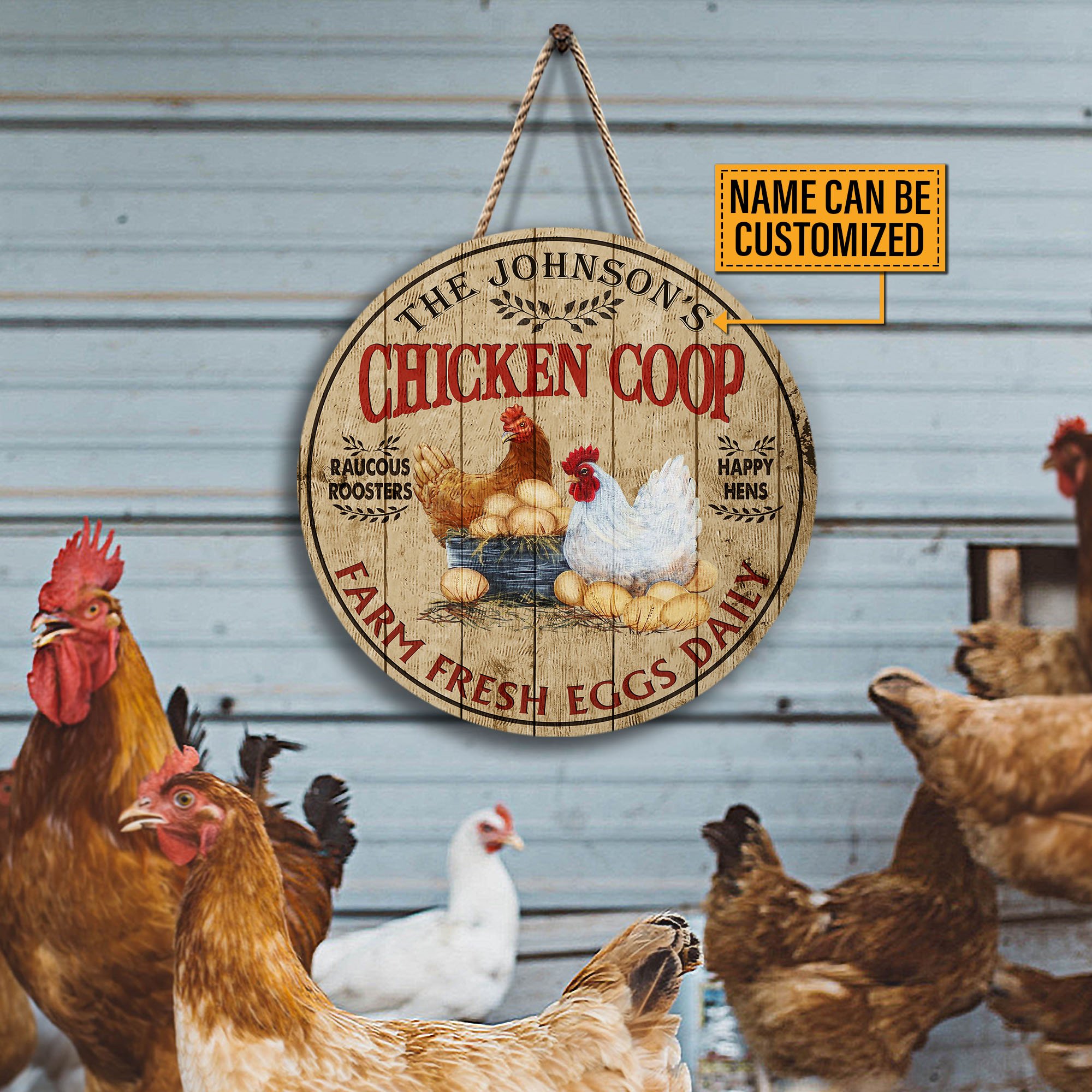 Personalized Chicken Fresh Eggs Daily Customized Wood Circle Sign