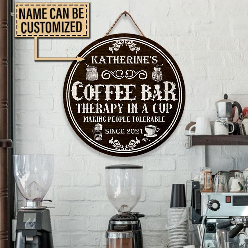 Personalized Coffee Bar Therapy Customized Wood Circle Sign