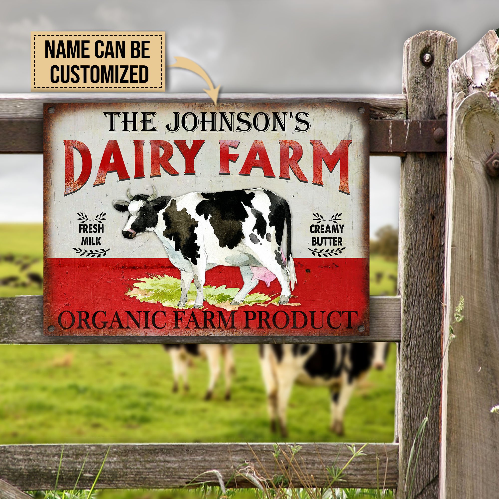 Personalized Cow Dairy Farm Fresh Milk Creamy Butter Customized Classic Metal Signs