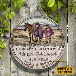 Personalized Cowboy And Cowgirl Live Here Customized Wood Circle Sign