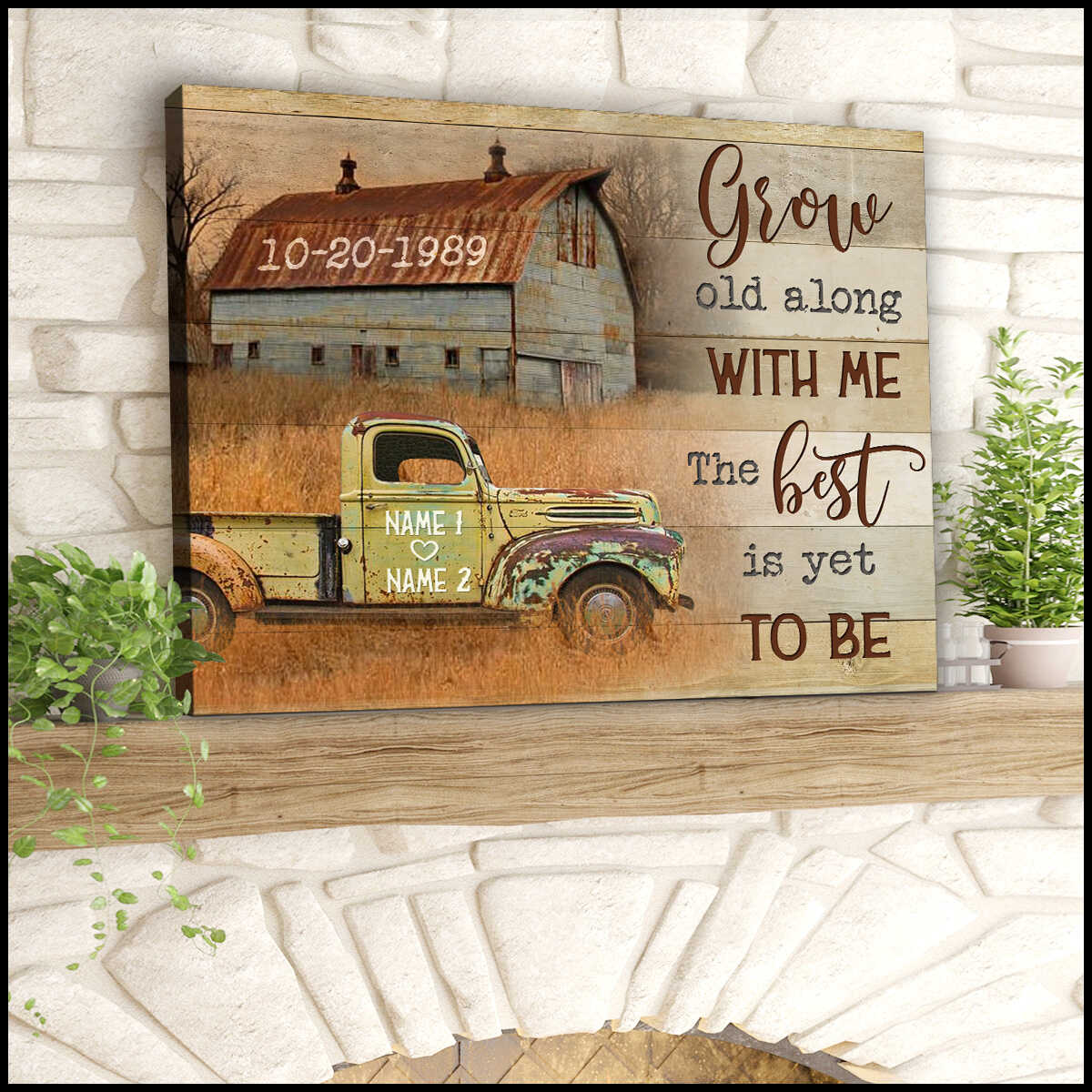 Personalized Custom Name And Date Old Barn And Rustic Pickup Truck Canvas Prints Wall Art Decor Grow Old Along With Me