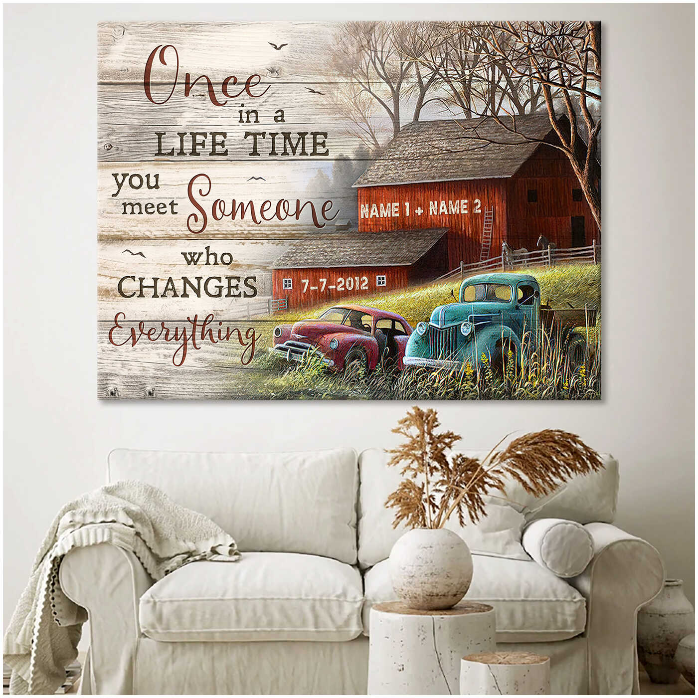 Personalized Custom Name And Date Old Barn And Rustic Pickup Truck Canvas Prints Wall Art Decor Once In A Lifetime You Meet Someone Who Changes Everything