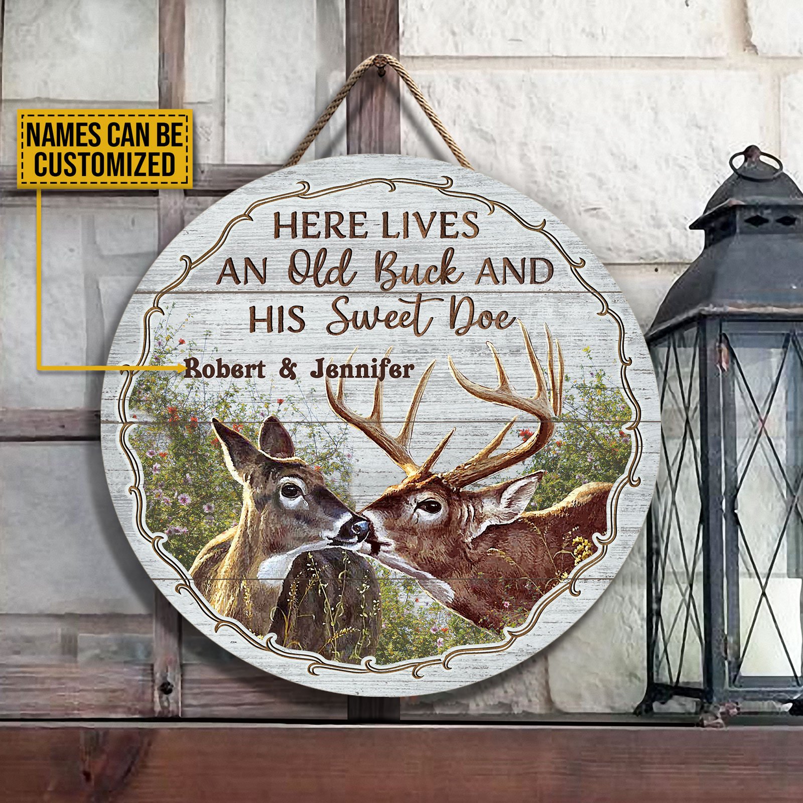 Personalized Deer Couple Flower Here Lives Customized Wood Circle Sign