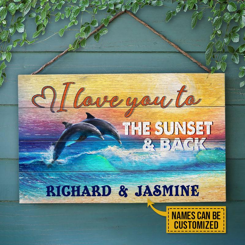 Personalized Dolphin Love To The Sunset Customized Wood Rectangle Sign
