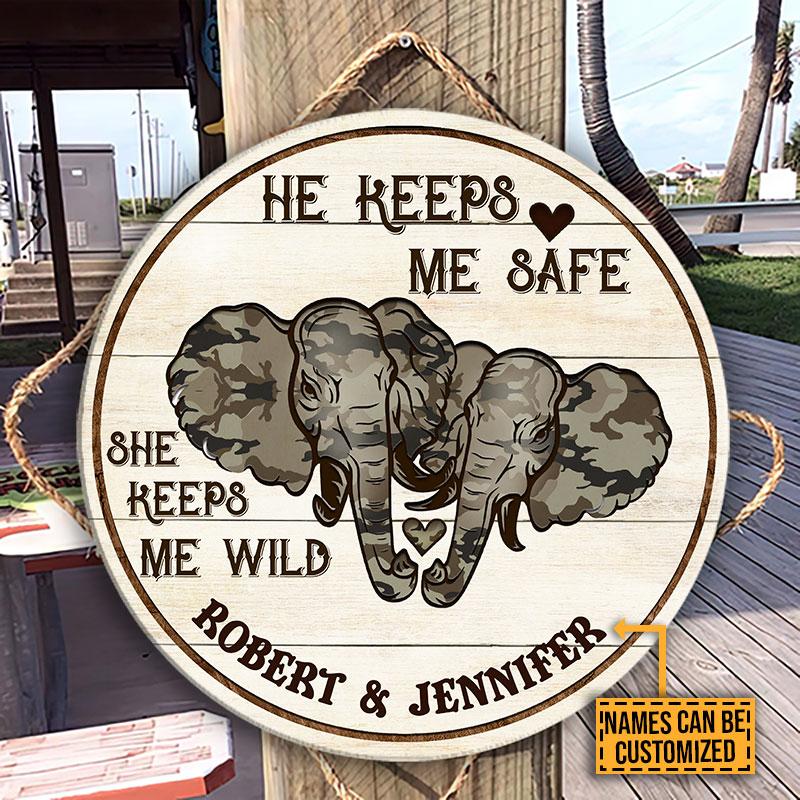 Personalized Elephant Camouflage He Keeps Me Safe Customized Wood Circle Sign