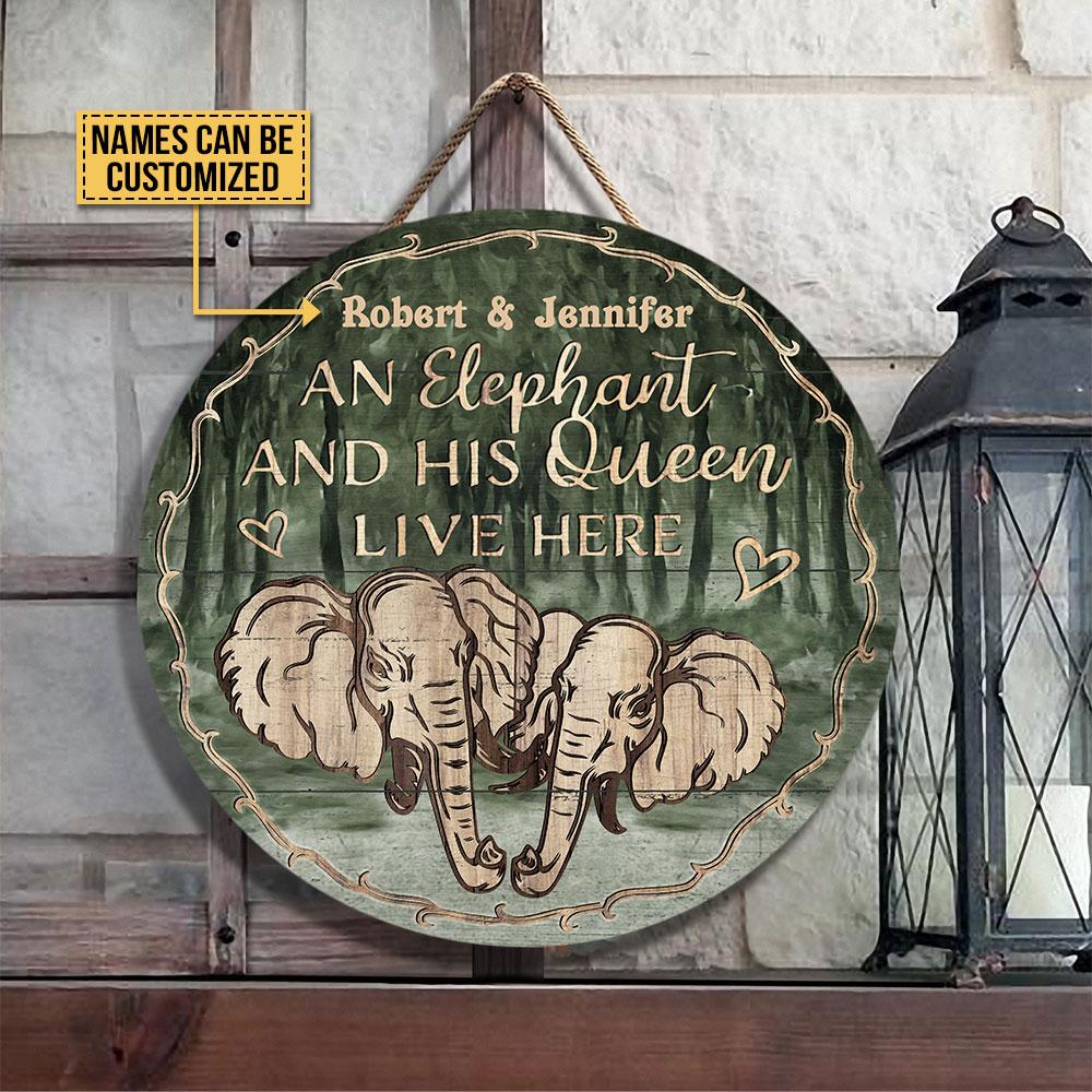 Personalized Elephant Couple Live Here Customized Wood Circle Sign