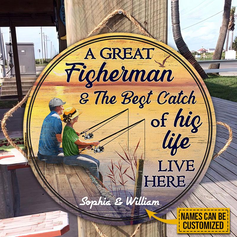 Personalized Fishing Couple Art Live Here Custom Wood Circle Sign