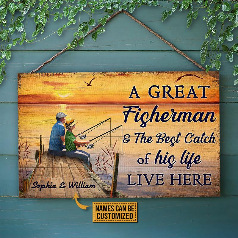 Personalized Fishing Couple Art Live Here Custom Wood Rectangle Sign