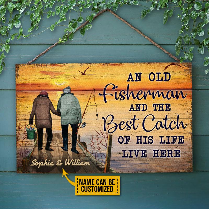 Personalized Fishing Fisherman Old Couple Live Here Customized Wood Rectangle Sign