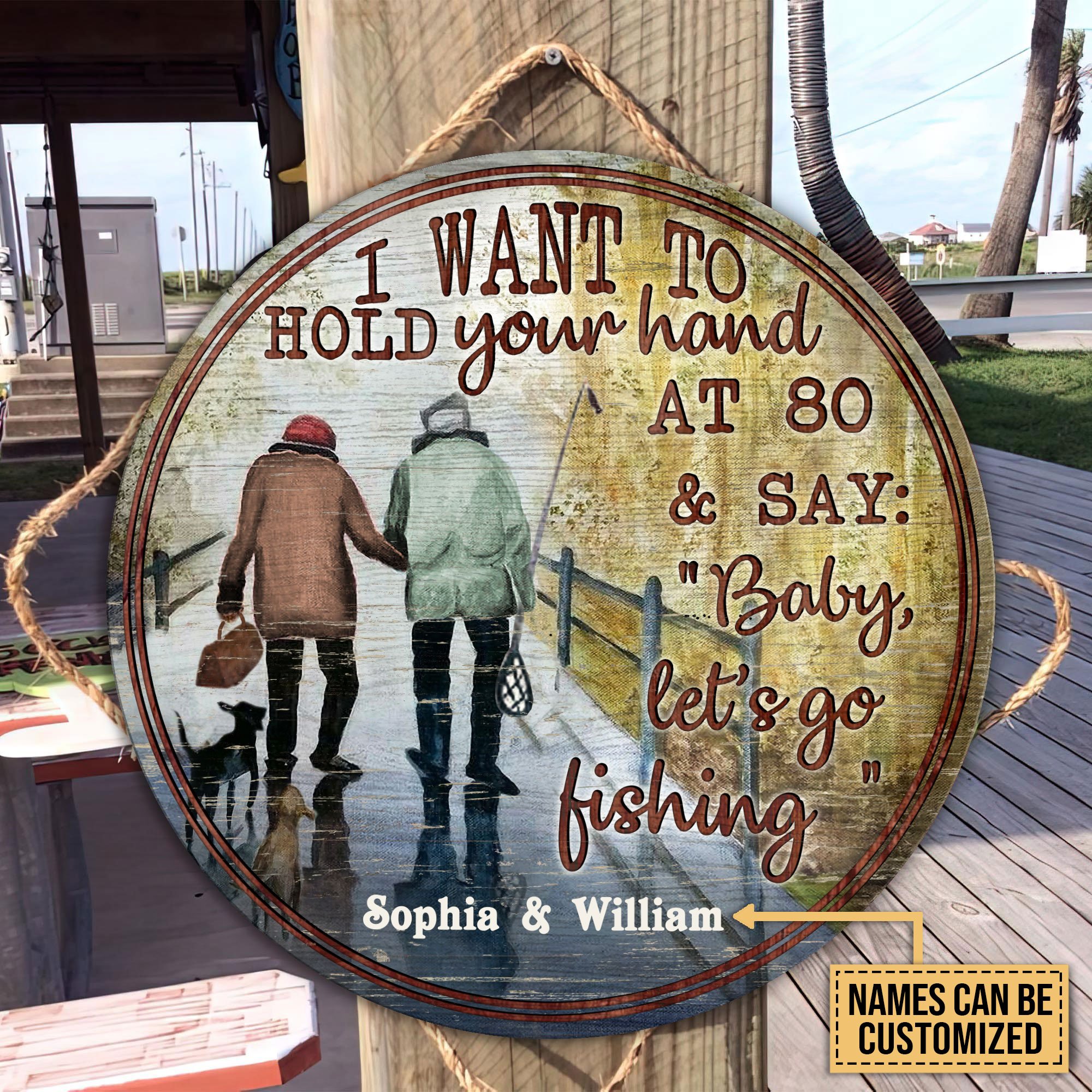 Personalized Fishing Hold Your Hand Baby Customized Wood Circle Sign