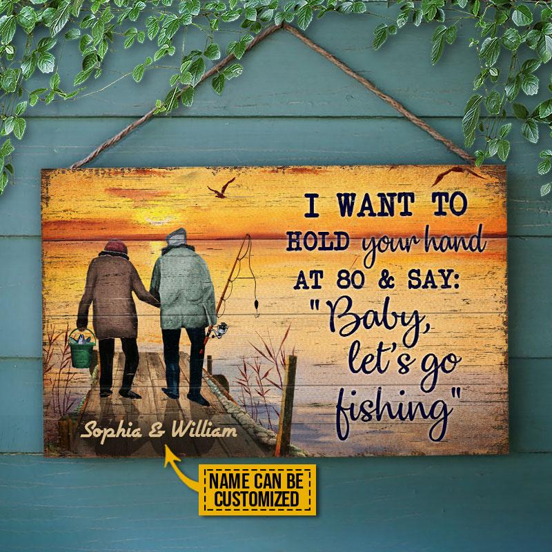 Personalized Fishing Old Couple Hold Your Hand Customized Wood Rectangle Sign