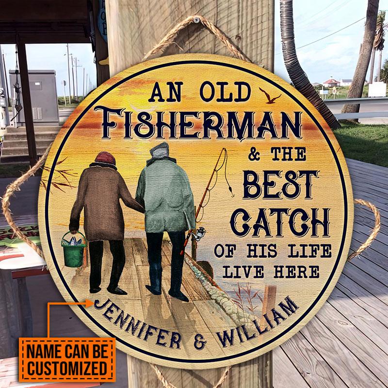 Personalized Fishing Old Couple Live Here Customized Wood Circle Sign
