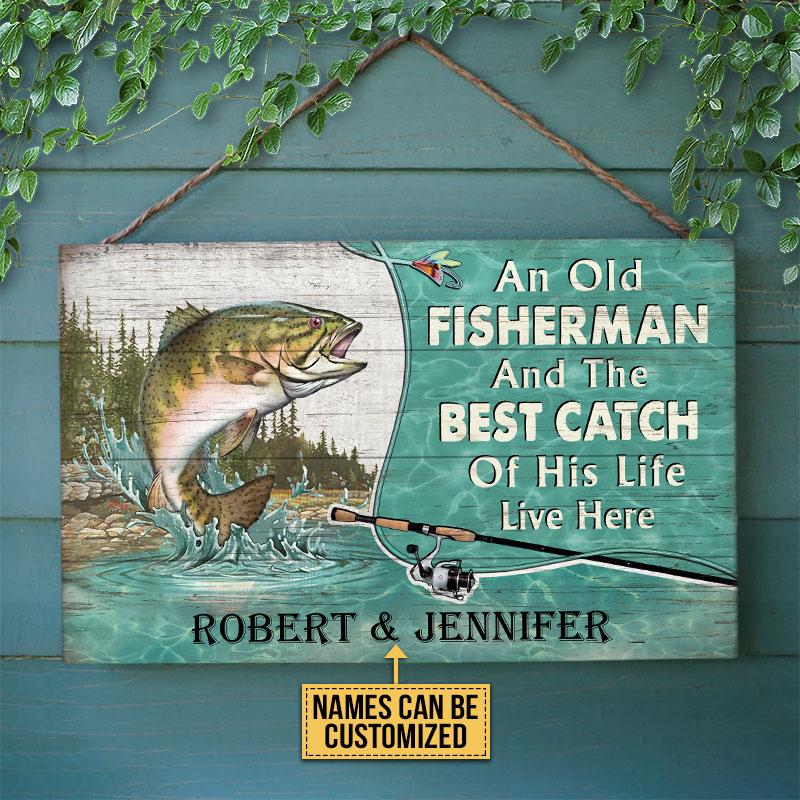 Personalized Fishing Old Fisherman Couple Live Here Customized Wood Rectangle Sign