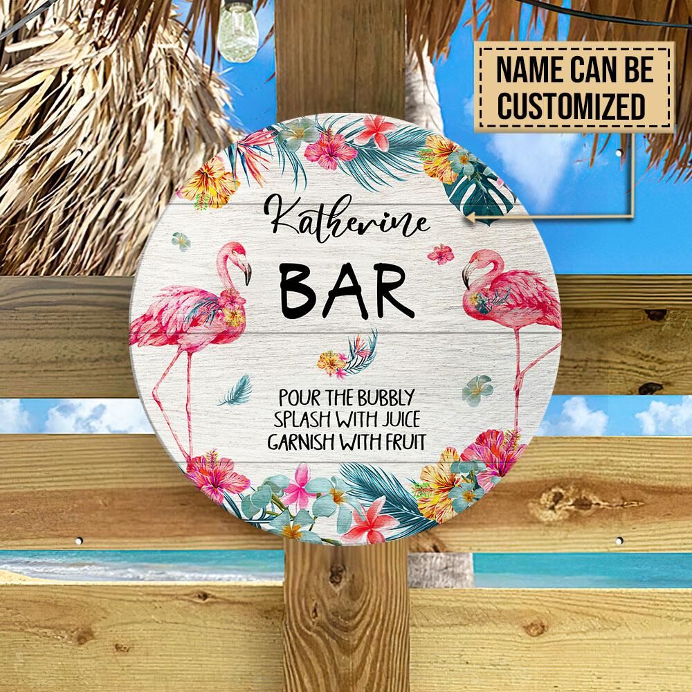 Personalized Flamingo Pour Splash Garnish Customized Wood Circle Sign