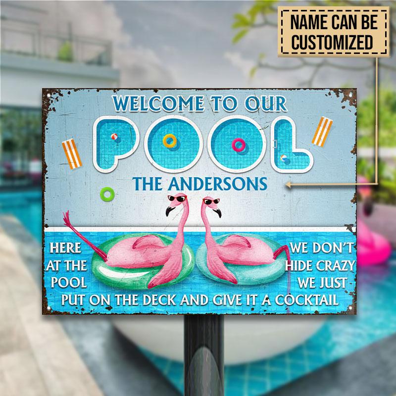 Personalized Flamingo Swimming Pool At The Pool Custom Classic Metal Signs
