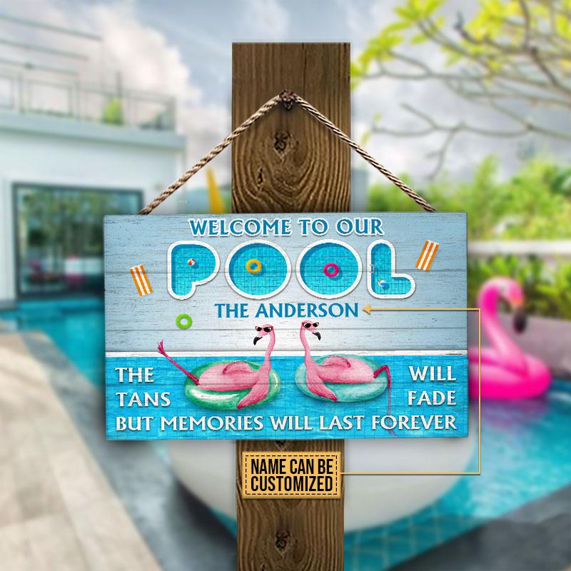 Personalized Flamingo Swimming Pool But Memories Customized Wood Rectangle Sign