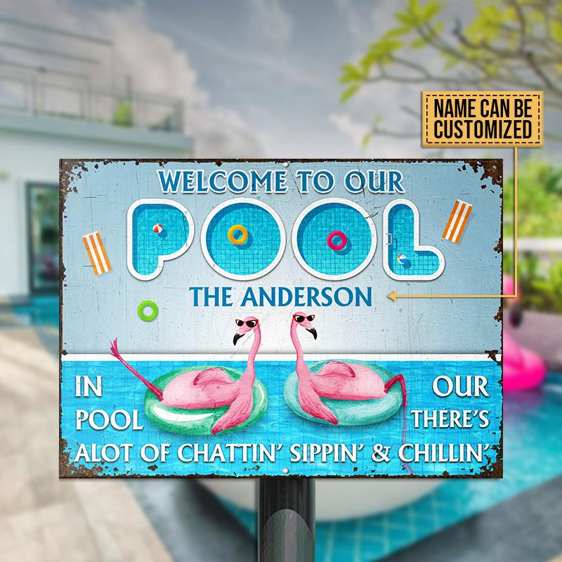 Personalized Flamingo Swimming Pool Chattin Sippin Customized Classic Metal Signs