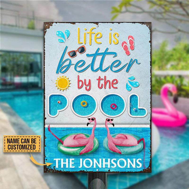 Personalized Flamingo Swimming Pool Life Is Better Custom Classic Metal Signs